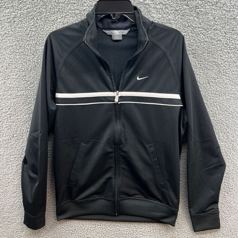 Nike Men's Zipper Windbreaker Shell Track Jacket Black Polyester Stripe Medium